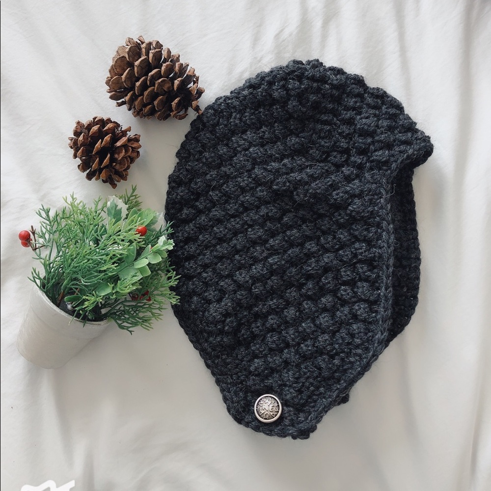 Black thick knit beanie with ear covers, handmade